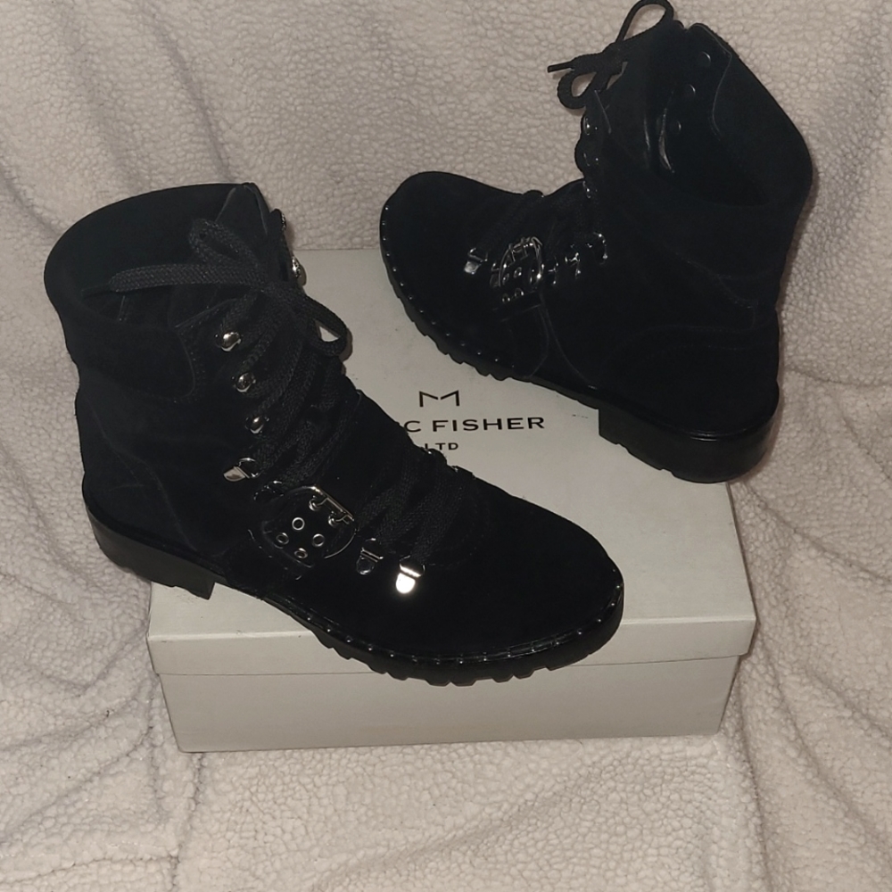 Women's Mark Fisher suede lug sole booties with buckle and studs on toe box 9.5